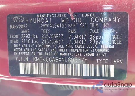 2022 Hyundai Kona Sel из США, поврежденный, VIN KM8K6CABXNU895775